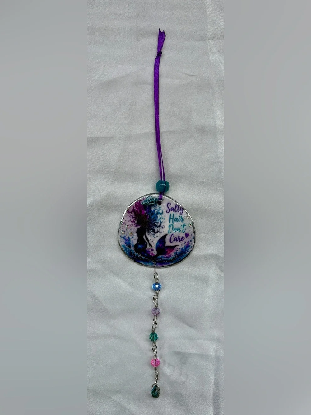 Decoupage Mermaid Crystal Sun Catcher — Purple & Teal Decorative Wall Hanging